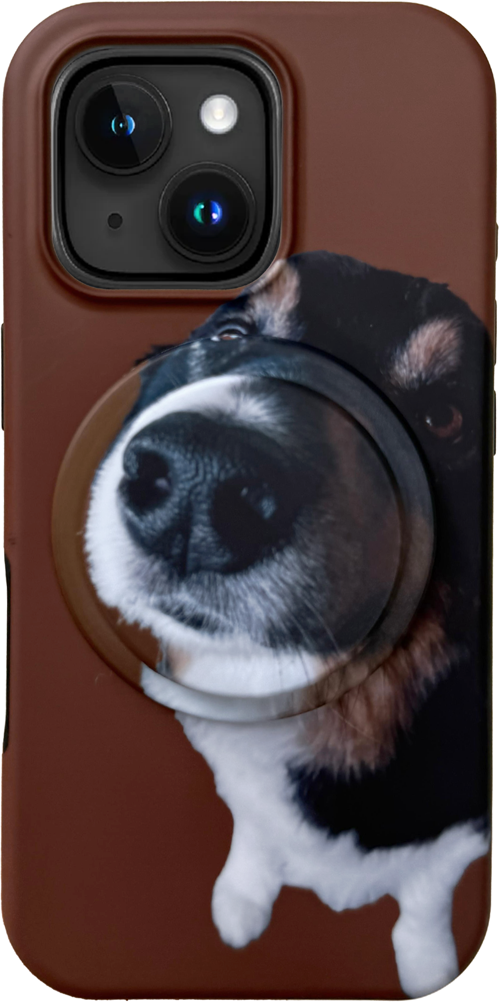 Phone case with a dog's face design on a brown background