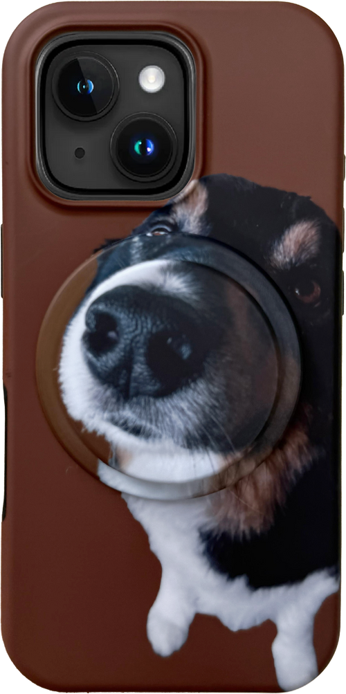Phone case with a dog's face design on a brown background